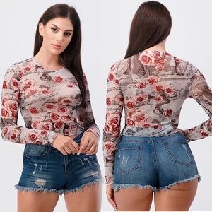 Floral Mesh Long Sleeve Women's Top